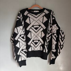 Vintage GIZMO Classic Women's L Black Grey Geometric Pullover Knit Sweater 80's